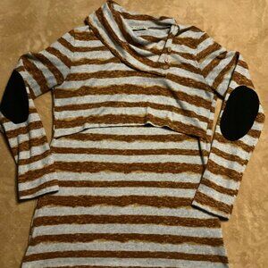 Cinery‎ Women Large Nursing Brown Grey Stripe Long Sleeve Stretch Shirt C02